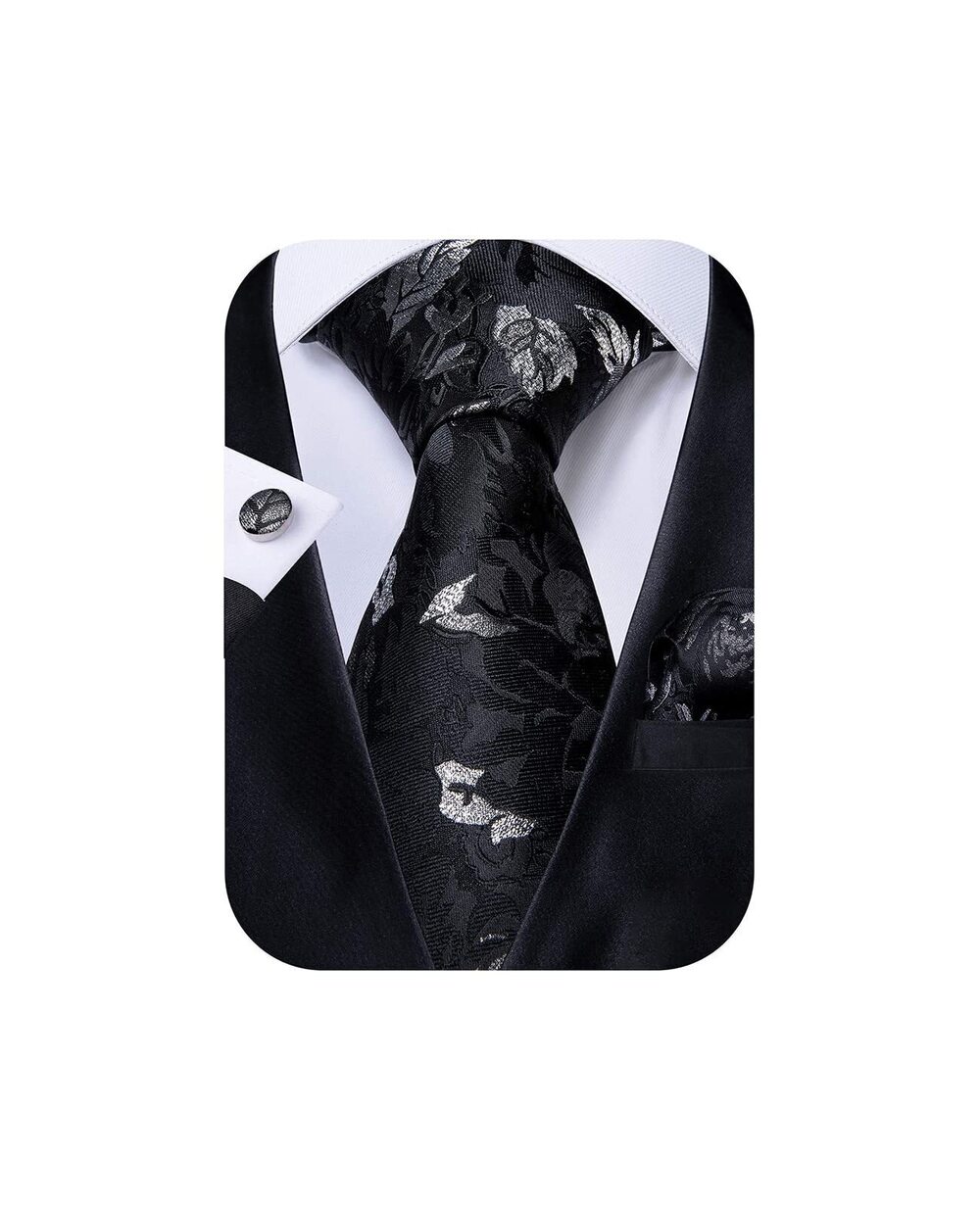 4871 Tie Set Silk Solid Paisley Necktie and Pocket Square Cufflinks Classic